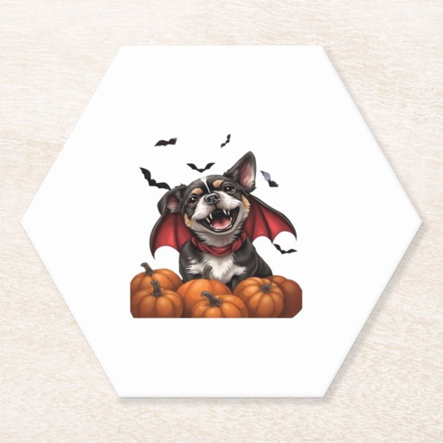 Halloween Vampire Dog with Pumpkins Classic T-Shir Paper Coaster (Front)