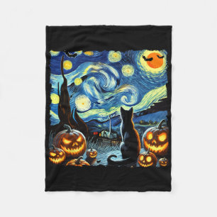 Halloween Van Gogh Starry Night Black Cat Fleece Blanket
