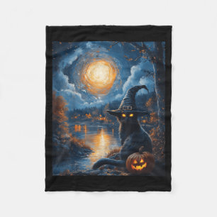 Halloween Van Gogh Starry Night Black Cat Pumpkin Fleece Blanket