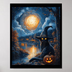 Halloween Van Gogh Starry Night Black Cat Pumpkin Poster