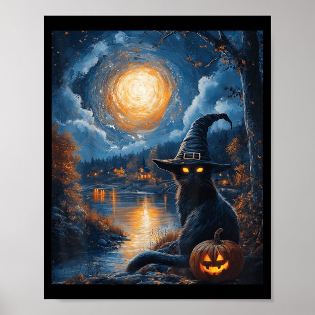 Halloween Van Gogh Starry Night Black Cat Pumpkin Poster (Front)