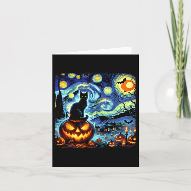 Halloween Van Gogh Starry Night Black Cat Pumpkins Card (Front)