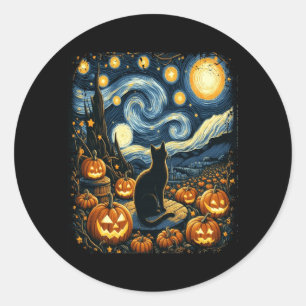 Halloween Van Gogh Starry Night Black Cat Pumpkins Classic Round Sticker