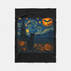 Halloween Van Gogh Starry Night Black Cat Pumpkins Fleece Blanket