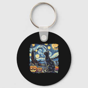 Halloween Van Gogh Starry Night Black Cat Pumpkins Key Ring
