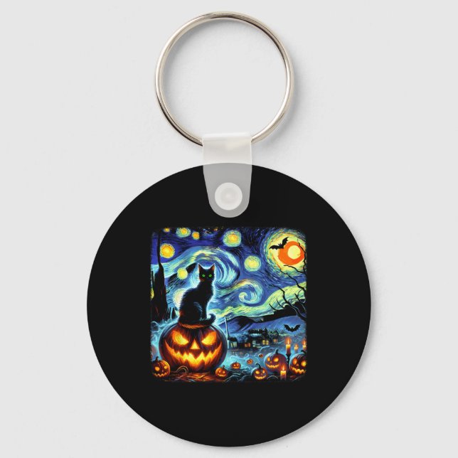 Halloween Van Gogh Starry Night Black Cat Pumpkins Key Ring (Front)