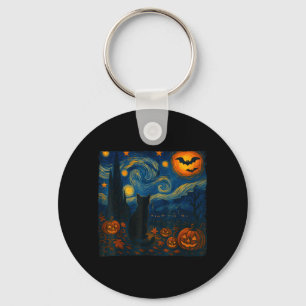 Halloween Van Gogh Starry Night Black Cat Pumpkins Key Ring