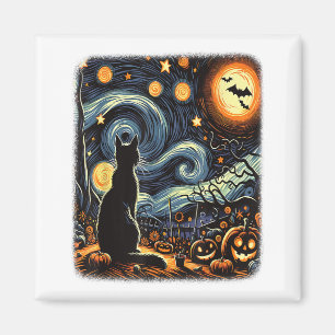 Halloween Van Gogh Starry Night Black Cat Pumpkins Magnet