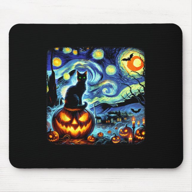 Halloween Van Gogh Starry Night Black Cat Pumpkins Mouse Pad (Front)