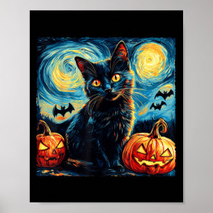 Halloween Van Gogh Starry Night Black Cat Pumpkins Poster