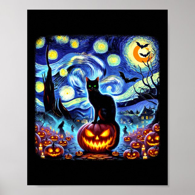 Halloween Van Gogh Starry Night Black Cat Pumpkins Poster (Front)