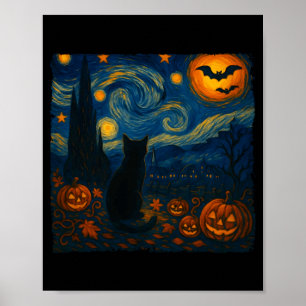 Halloween Van Gogh Starry Night Black Cat Pumpkins Poster