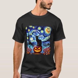 Halloween Van Gogh Starry Night Black Cat Pumpkins T-Shirt