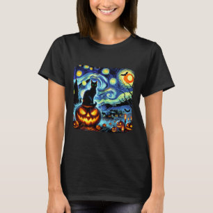 Halloween Van Gogh Starry Night Black Cat Pumpkins T-Shirt