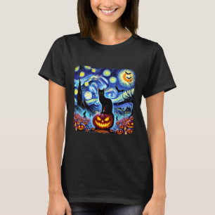 Halloween Van Gogh Starry Night Black Cat Pumpkins T-Shirt