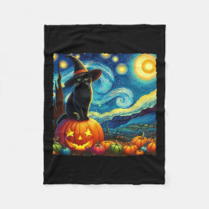 Halloween Van Gogh Starry Night Black Cat Witch Ha Fleece Blanket