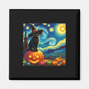 Halloween Van Gogh Starry Night Black Cat Witch Ha Magnet