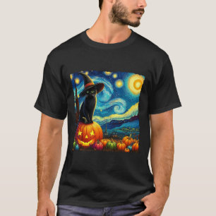 Halloween Van Gogh Starry Night Black Cat Witch Ha T-Shirt