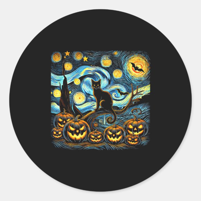 Halloween Van Gogh Starry Night Pumpkin Black Cat  Classic Round Sticker (Front)