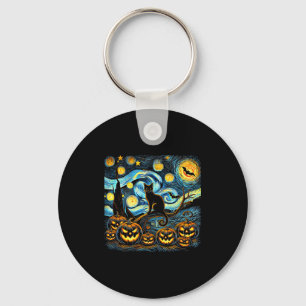 Halloween Van Gogh Starry Night Pumpkin Black Cat  Key Ring