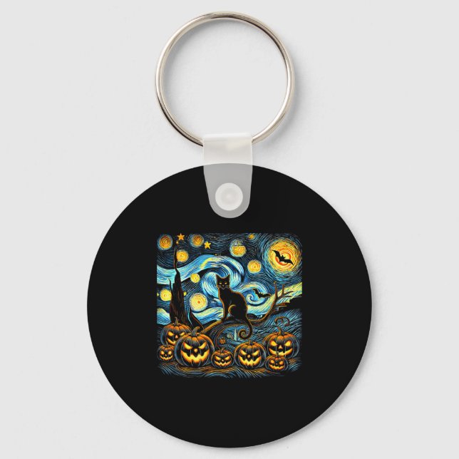 Halloween Van Gogh Starry Night Pumpkin Black Cat  Key Ring (Front)