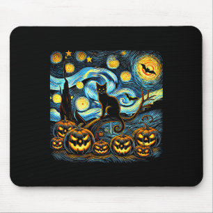 Halloween Van Gogh Starry Night Pumpkin Black Cat Mouse Pad