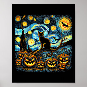 Halloween Van Gogh Starry Night Pumpkin Black Cat  Poster