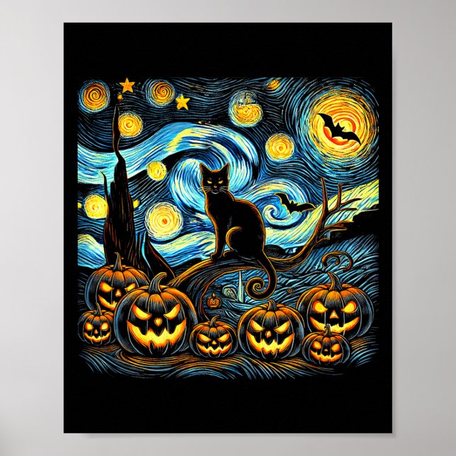 Halloween Van Gogh Starry Night Pumpkin Black Cat  Poster (Front)
