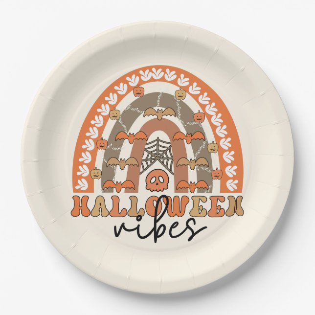 Halloween Vibes Boho Rainbow Fall Halloween Paper Plate (Front)