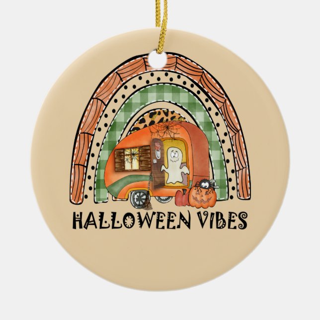 Halloween Vibes – Orange Rainbow Ceramic Ornament (Front)