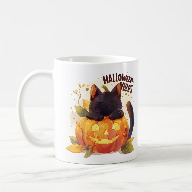 Halloween Vibes – Pumpkin Nap Cat Coffee Mug (Left)