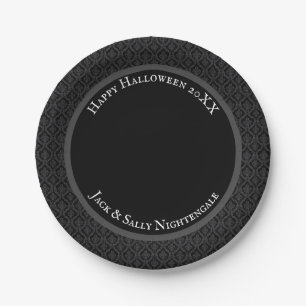 Halloween Victorian Black Brocade Damask Medium Paper Plate
