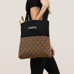 Halloween Victorian Damask Black Orange Name Tote Bag