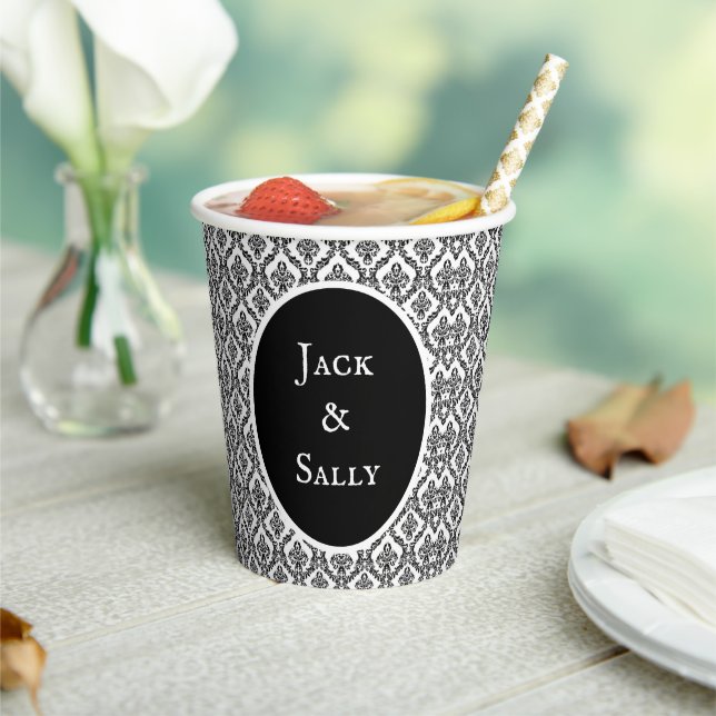 Halloween Victorian Damask Brocade Black on White  Paper Cups (Insitu)
