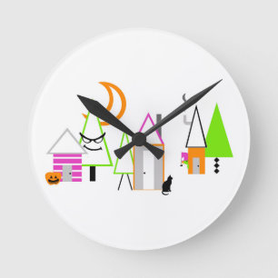 halloween village custom black orange purple round clock