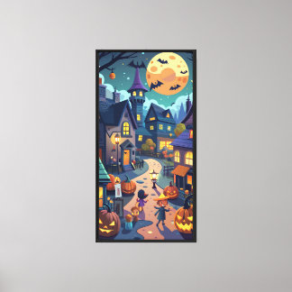 Halloween Village Night Vector Art Canvas Print