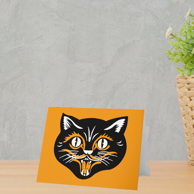 Halloween Vintage Cat Face Card (Vintage Halloween smiling black cat face with orange and white accents on notecards.)