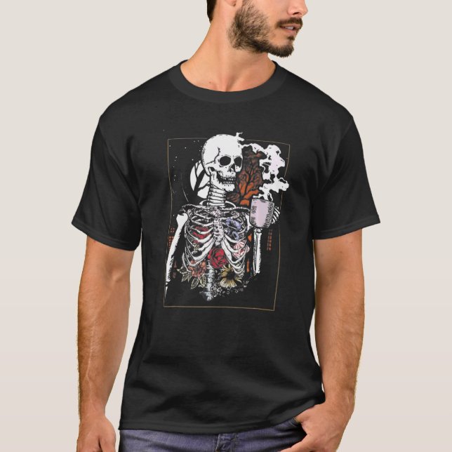Halloween Vintage Coffee Drinking Skeleton Skull T-Shirt (Front)