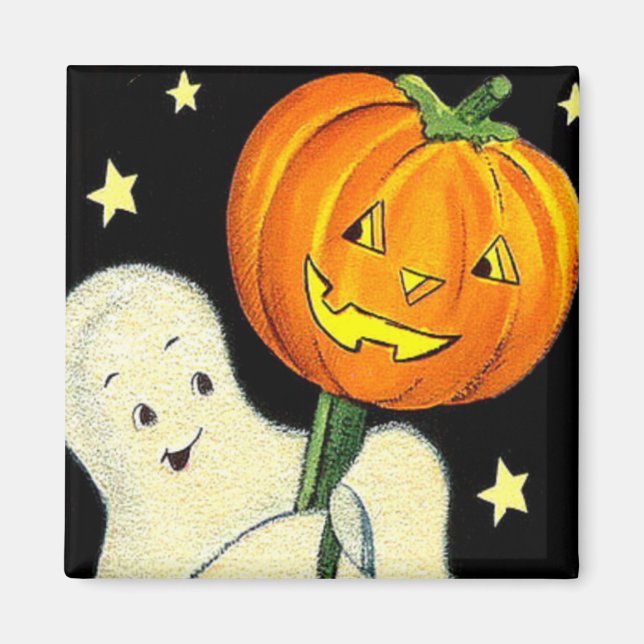 Halloween Vintage Ghost and Pumpkin Magnet (Front)
