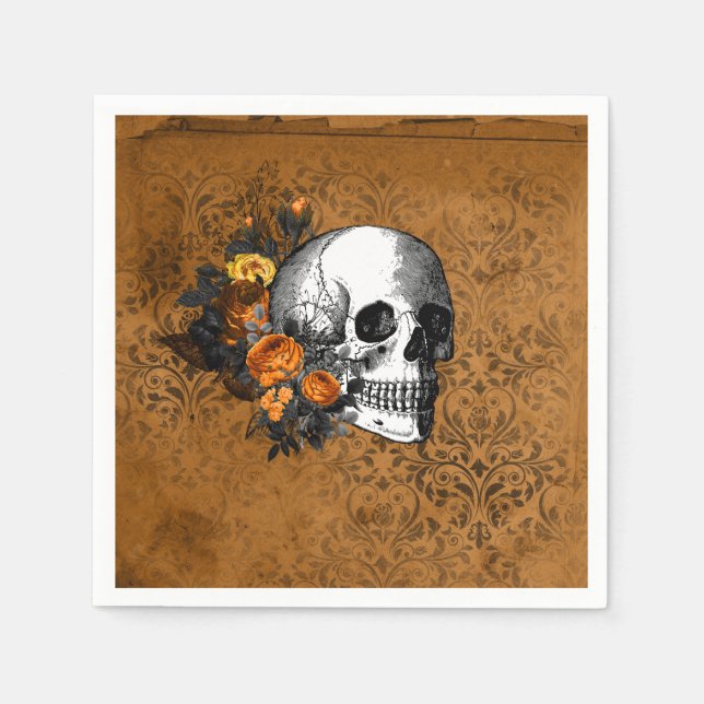 Halloween Vintage Goth Skull Flower Party Napkins (Front)