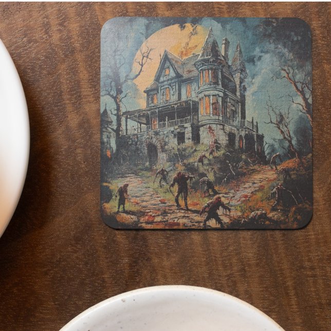 Halloween Vintage Haunted House Zombie Square Paper Coaster (Creator Uploaded)