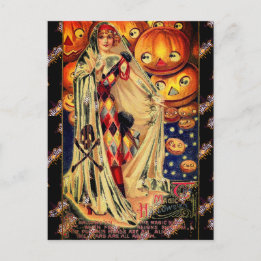 Halloween Vintage Lady Jack O Lantern Black Orange Postcard