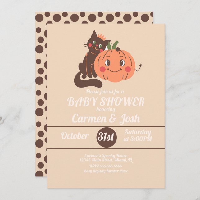 Halloween Vintage Pumpkin Cat Retro Baby Shower Invitation (Front/Back)