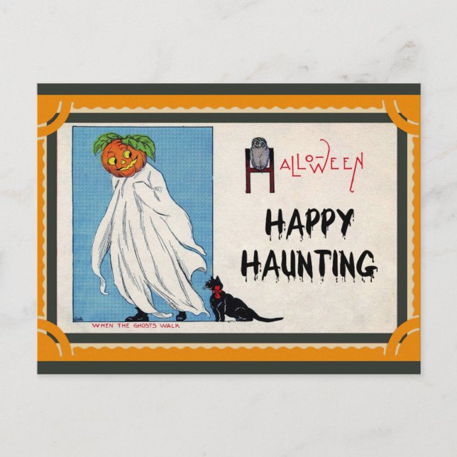 Halloween Vintage Pumpkin Ghost Happy Haunting Postcard (Front)