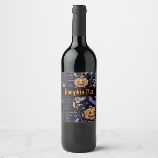 Halloween Vintage Spooky Pumpkin Pus Wine Label (Front)