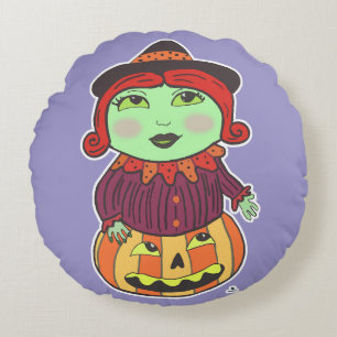 Halloween Vintage Witch Classic Drawn Art Purple Round Cushion