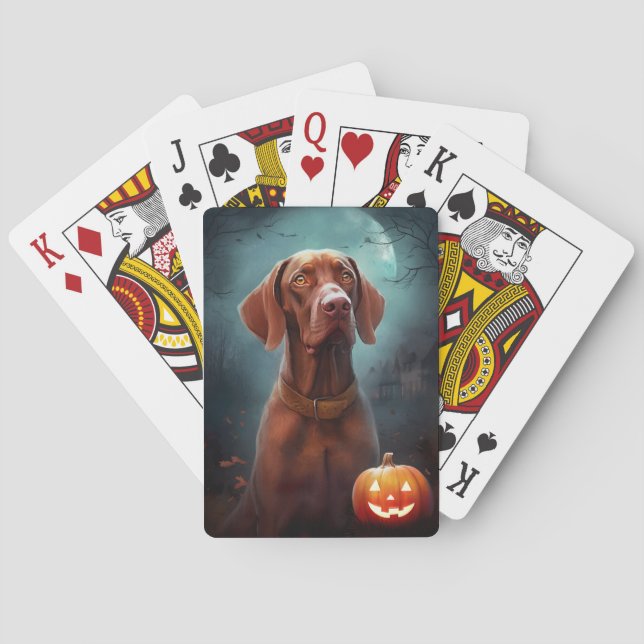 Halloween Vizsla With Pumpkins Scary Playing Cards (Back)