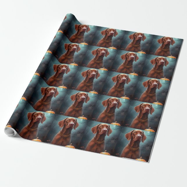 Halloween Vizsla With Pumpkins Scary Wrapping Paper (Unrolled)