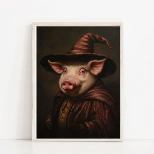 Halloween Wall Art, Cute Wizard Pig Vintage Painti Poster