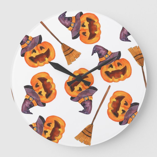 Halloween Watercolor, Autumn Seamless Pattern. Large Clock (Front)